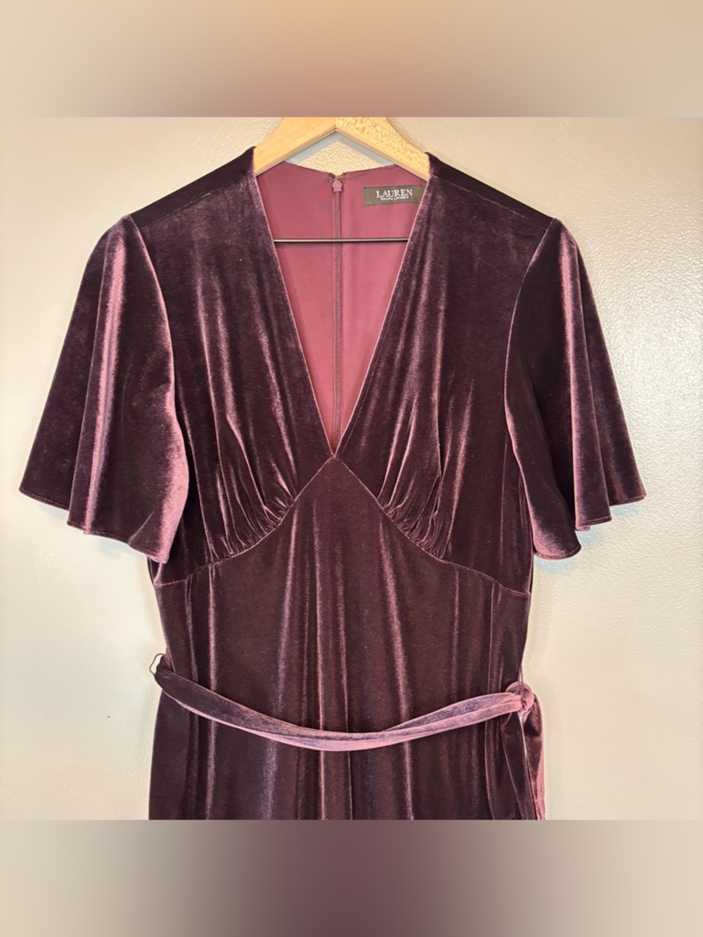Lauren Ralph Lauren sz 14 Velvet Flutter Sleeve Belted Midi Dress Purple - Picture 3 of 7